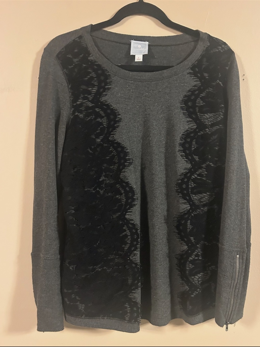 Sunday in Brooklyn Anthropologie Gray Black Lace Panel Long Sleeve Top